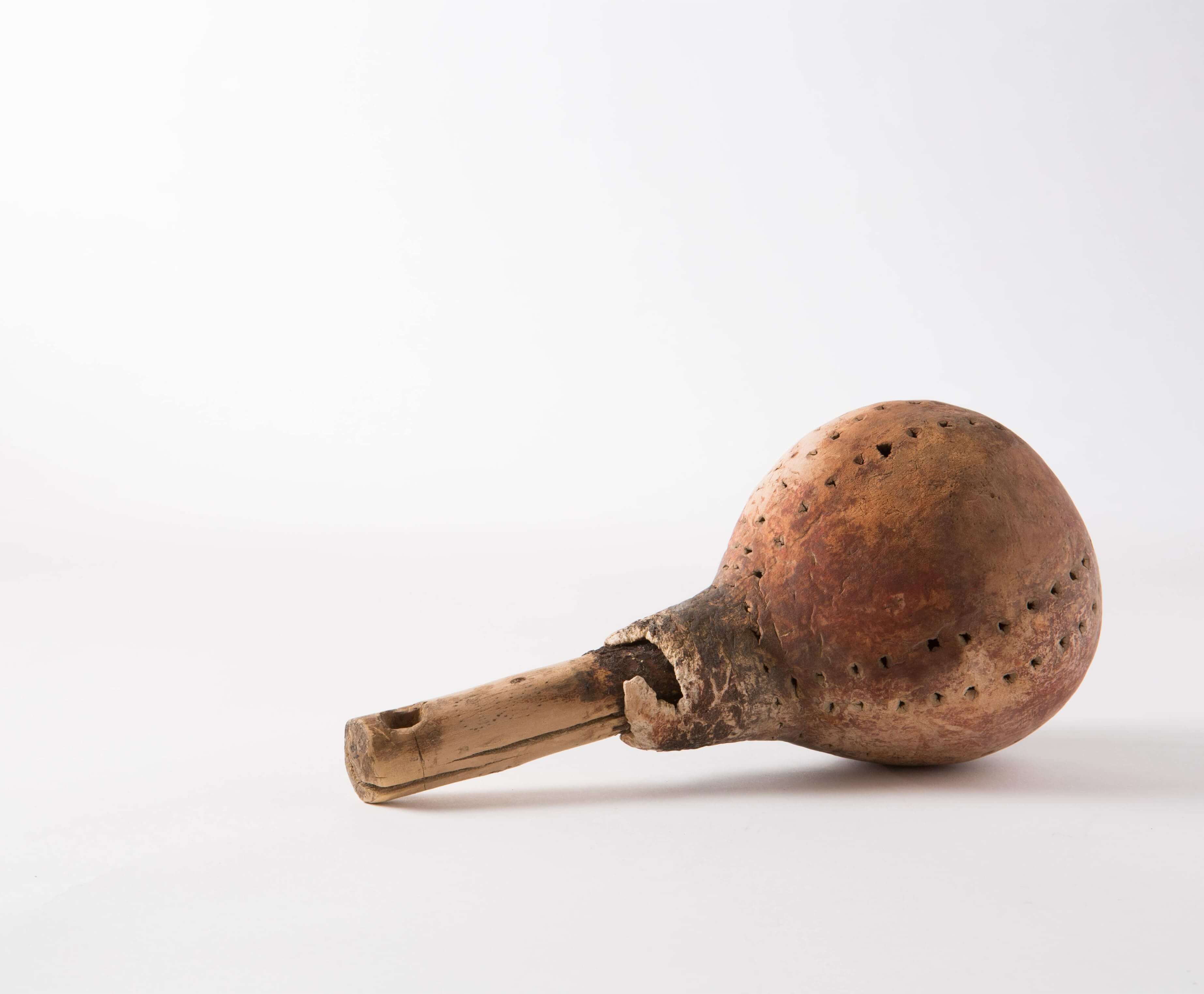 Gourd rattle with wooden handle, found in Palm Canyon.